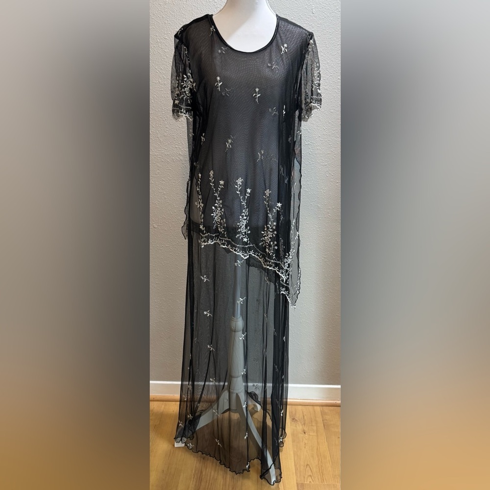 Vintage 90s Rabbit RabbitRabbit Embroidered Mesh Maxi Dress Sheer Layering Piece